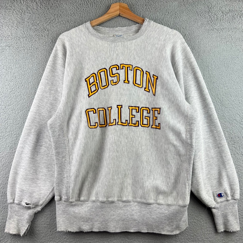 VTG 80s Champion Reverse Weave Boston College Sweatshirt Gray Large Distressed